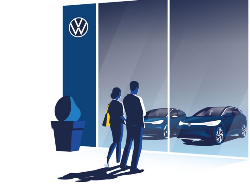 Illustration: Ein Paar blickt durch das Fenster eines VW Händlers auf zwei ID. Modelle.