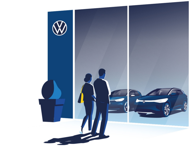 Illustration: Ein Paar blickt durch das Fenster eines VW Händlers auf zwei ID. Modelle.