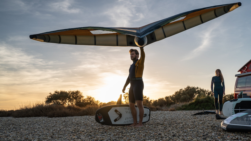 Kite-surfer with equipment.