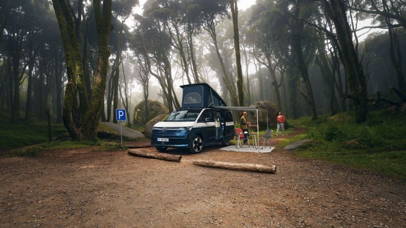 Le Volkswagen California dans la forêt avec le toit surélevé ouvert.