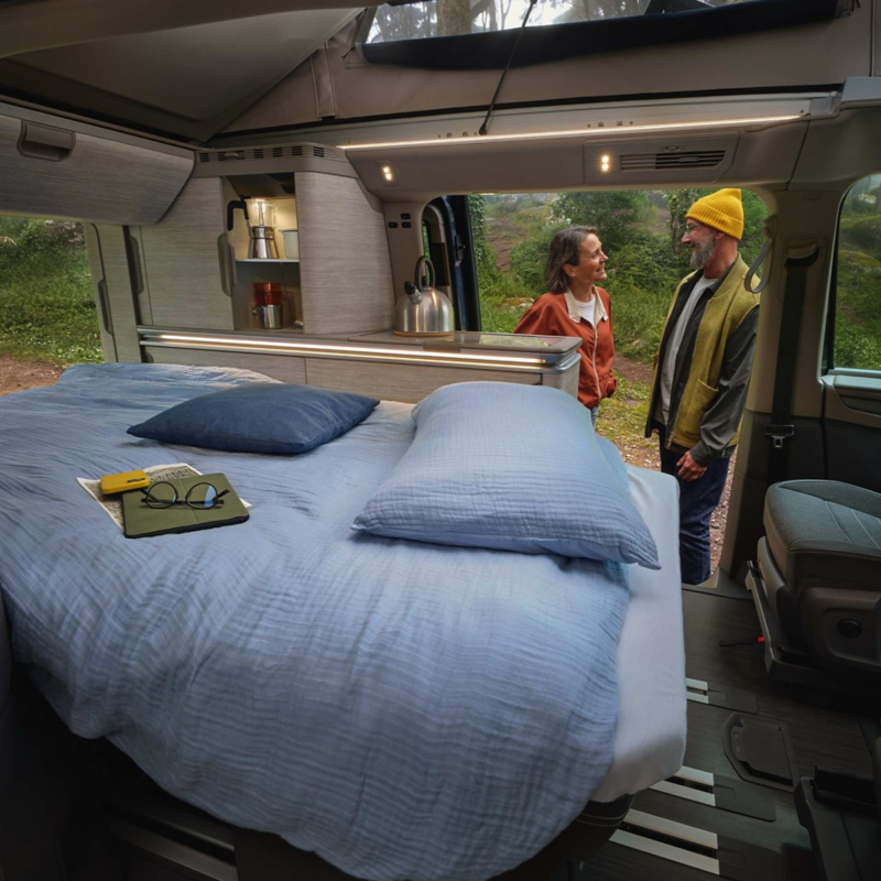 Two people standing next to the Grand California