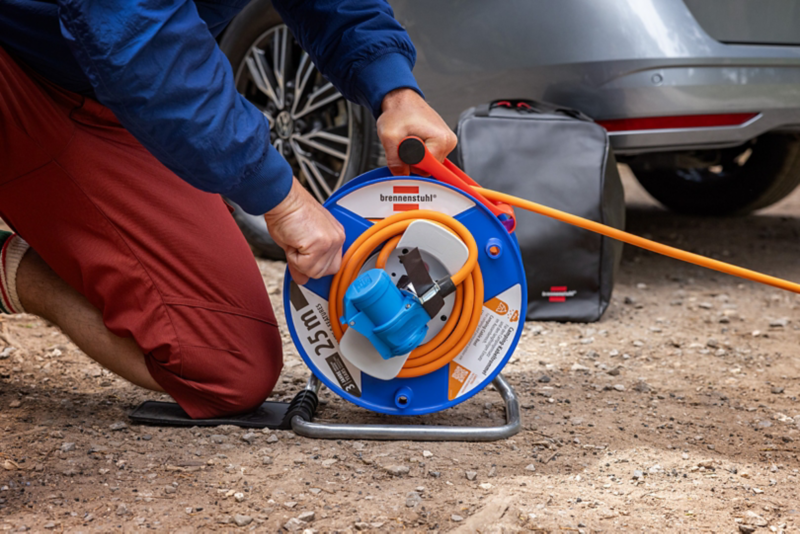 Close up of a man unrolling the cable reel to charge the VW California Coast.