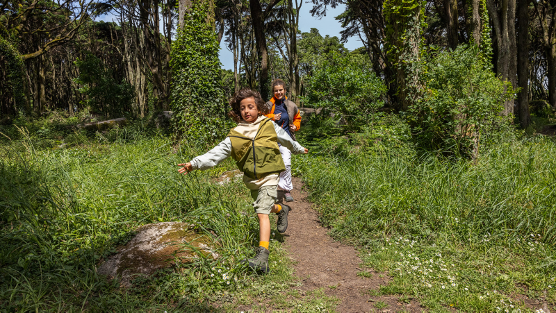 Two happy children on a camping trip running through a green forest.