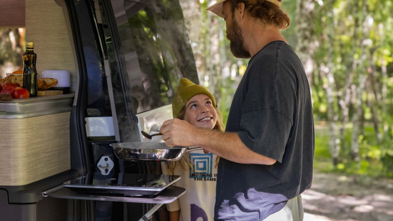 Cooking in a VW camper.