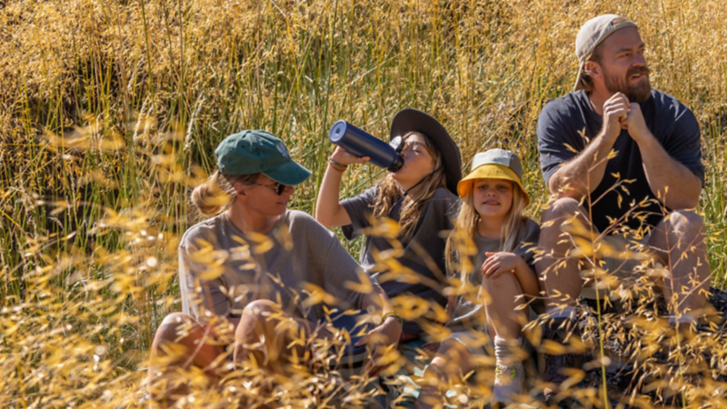 A family with two children sits on a sunny meadow.