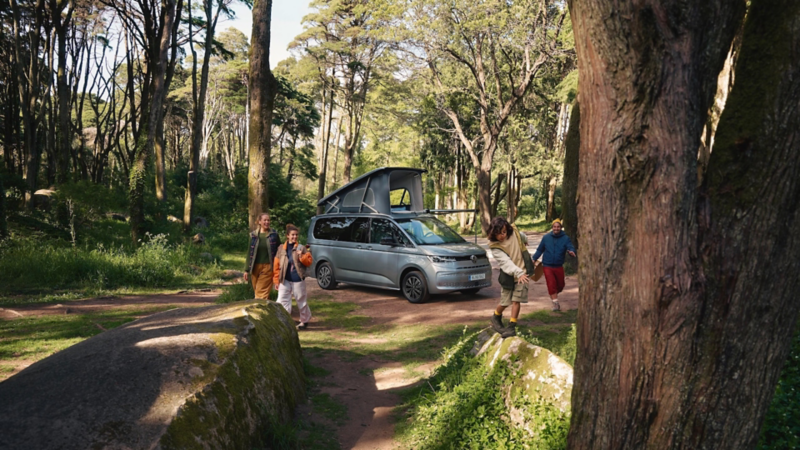 Un VW California roule sur une route de campagne sinueuse à travers un paysage montagneux.