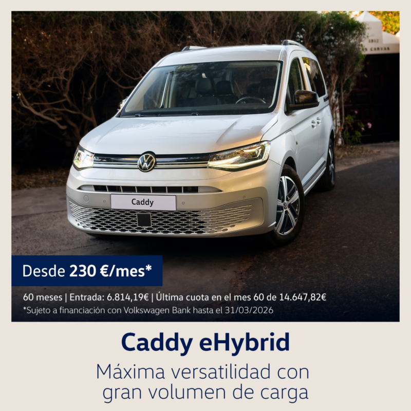 Campaña Always on Caddy eHybrid 2026. Coche gris vista frontal. Desde 230€/mes. 60 meses. Entrada: 6.814,19€. Última cuota en el mes 60 de 14.647,82€