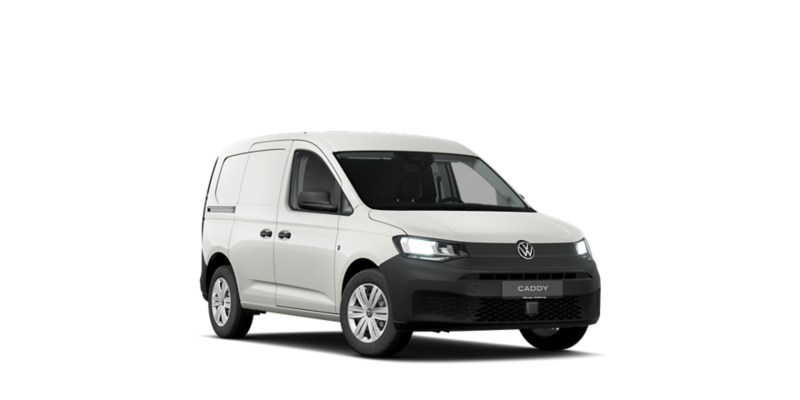 Billede af en hvid Caddy Cargo fra siden.