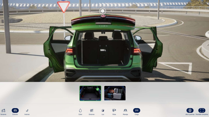 Cajuela de Volkswagen en Vista 3D con asientos abatidos y medidas.