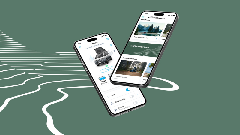 Zwei Smartphones mit der geöffneten VW California App
