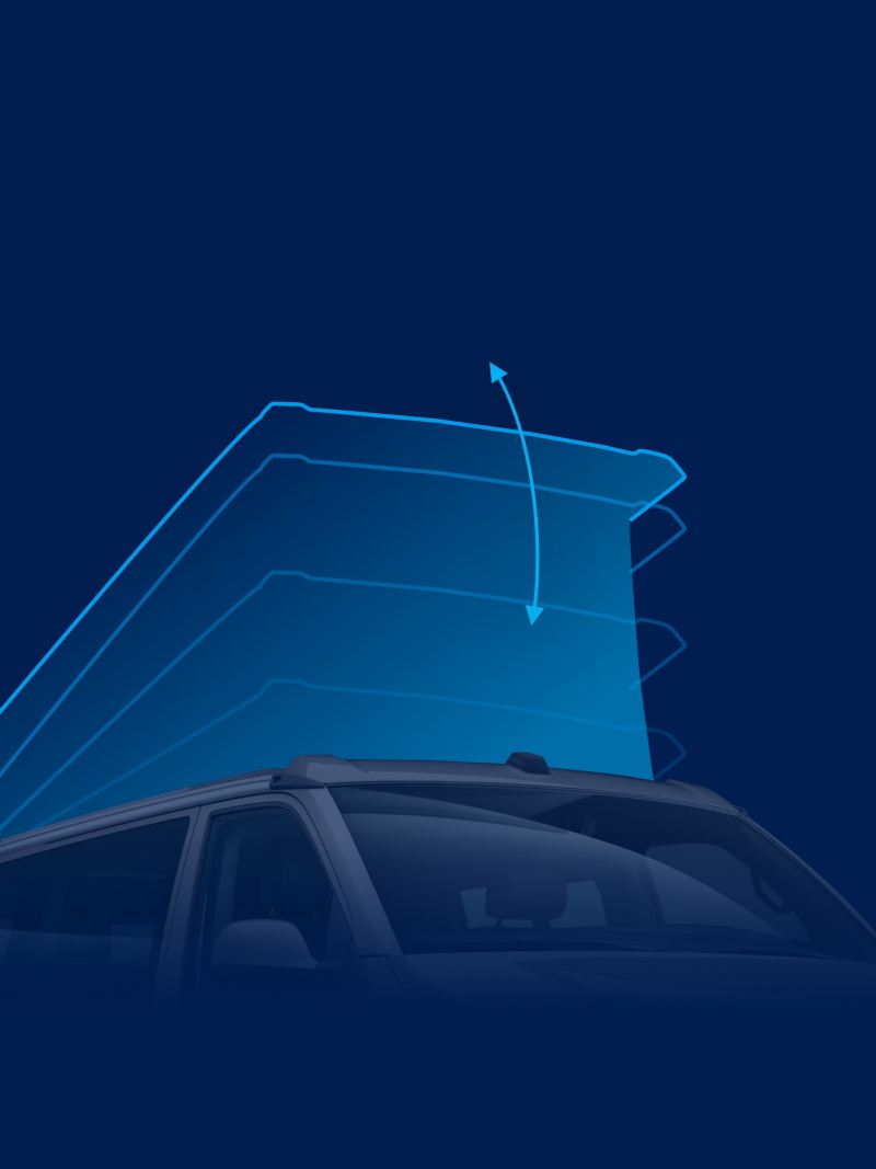 Une illustration de la tente de toit rétractable de la VW California 6.1 pour la California on tour app