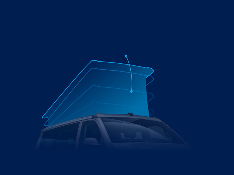 Une illustration de la tente de toit rétractable de la VW California 6.1 pour la California on tour app