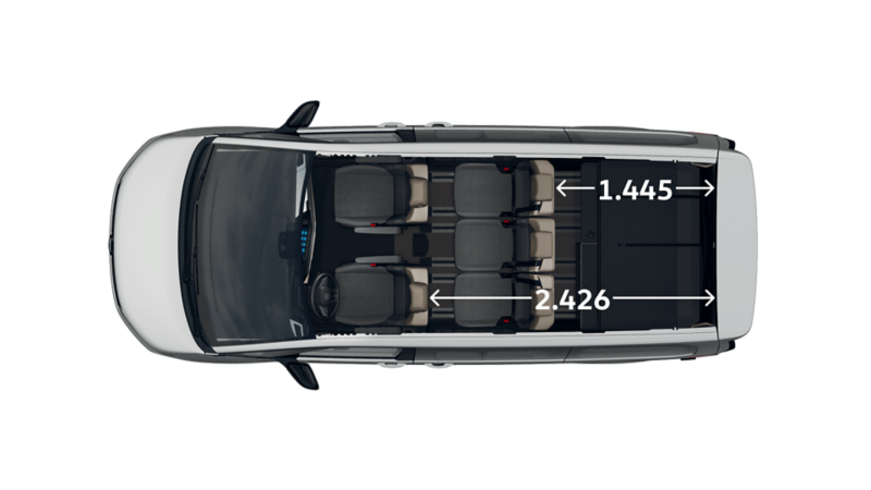 VW California Beach mått, interiör. Längd från förarsätets ryggstöd till baklucka: 2 426 mm. Längd från tredje sätesraden till baklucka: 1 445 mm.