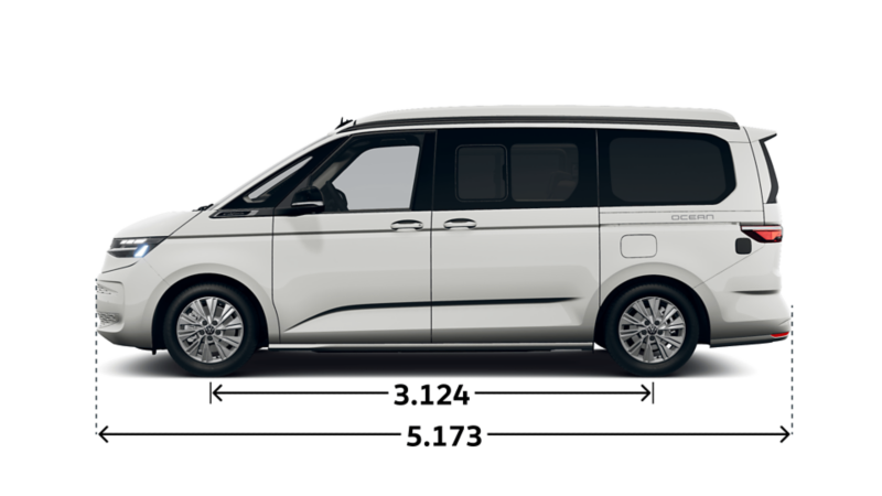 VW Caddy California Ocean måttskiss. Längd 5 173 mm. Längd mellan hjulhus 3 124 mm.