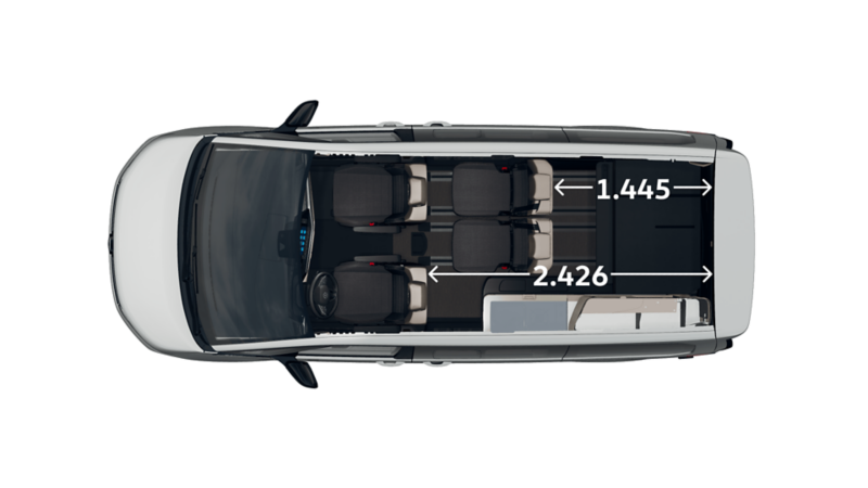 VW California Ocean mått, interiör. Längd från förarsätets ryggstöd till baklucka: 2 426 mm. Längd från tredje sätesraden till baklucka: 1 445 mm.