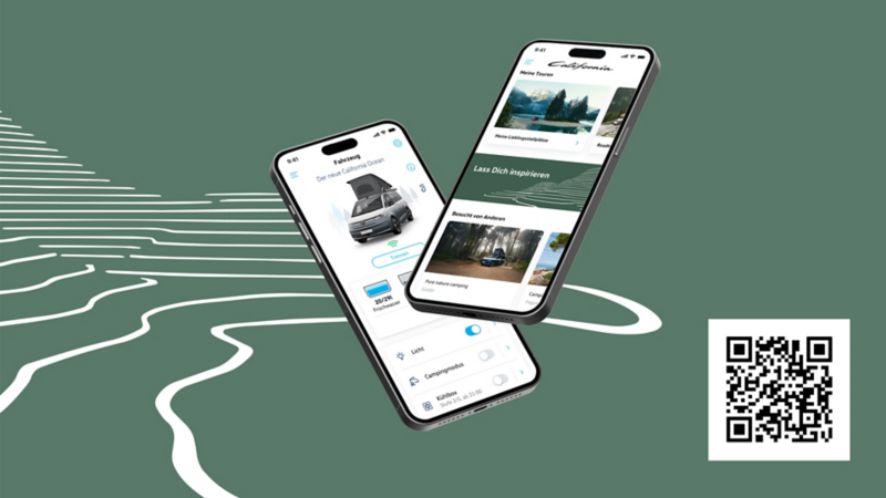 Smartphones mit Ansichten der California App und einem QR-Code.
