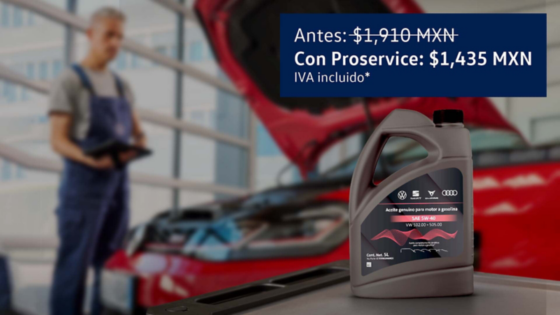 Bote de aceite para autos de Grupo Volkswagen con placa informativa sobre descuento. 