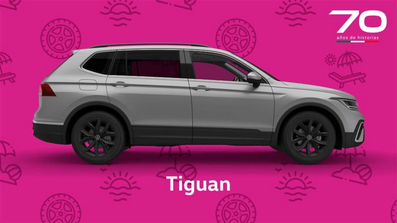 Tiguan 2024 versión Comfortline en color gris, sobre fondo rosa relacionado al Summer Sale 2024. 