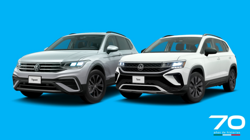 Camionetas de Volkswagen Tiguan 2024 y Taos 2024 con fondo en color azul. 