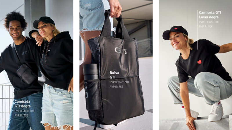 Tres imágenes con personas llevando ropa de la colección GTI de Volkswgen