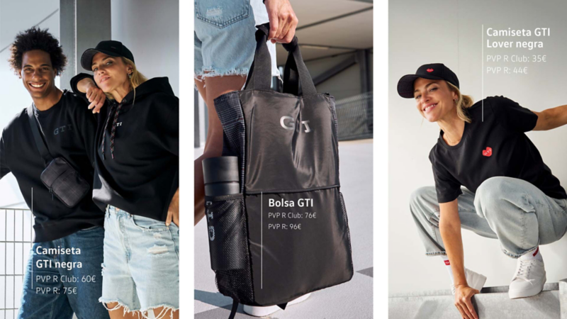 Tres imágenes con personas llevando ropa de la colección GTI de Volkswgen