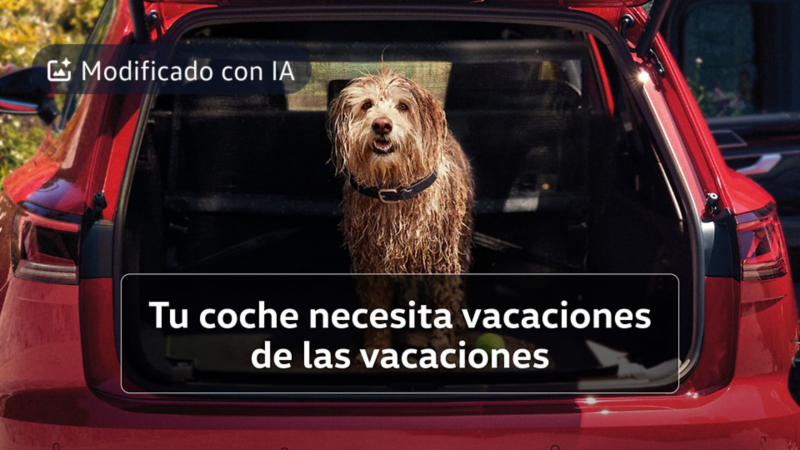 Un perro lleno de barro dentro del maletero de un Volkswagen con un rótulo encima: modificado con IA