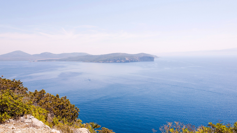 Havsutsikt och berg vid Porto Conte.