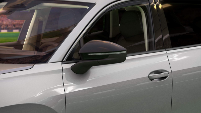 Exterior de Tiguan GOAL. Espejo lateral, puerta de conductor y manija de modelo en color gris. 