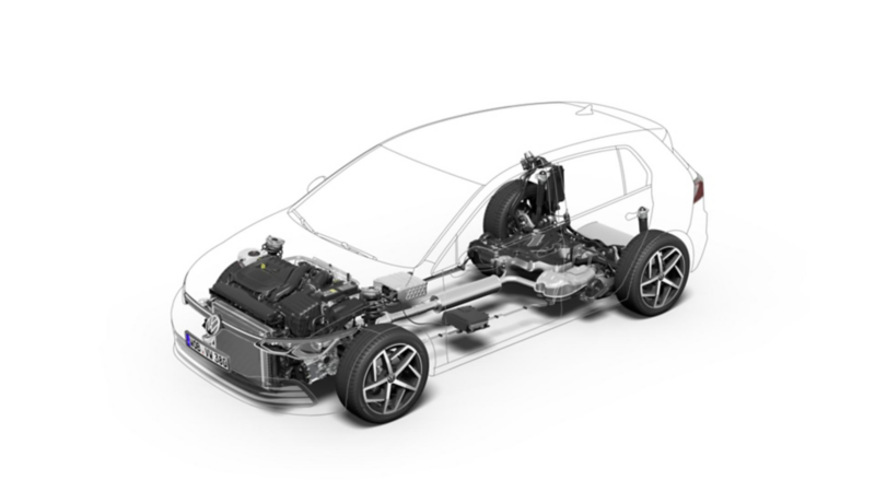 Render de chasis en carrocería de auto Volkswagen. 