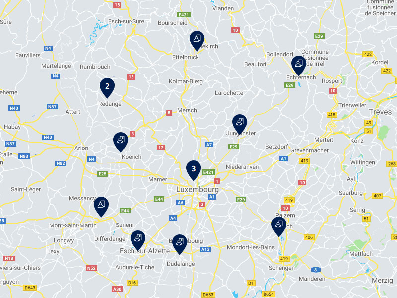 Une carte du Luxembourg indiquant l'emplacement des concessionnaires VW.