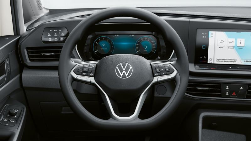 Dettaglio del volante multifunzione di Nuovo Caddy Volkswagen.