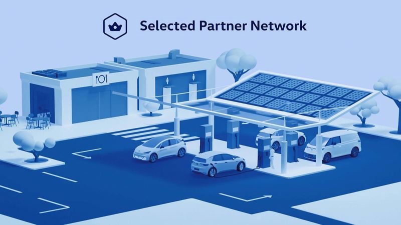 Graphic showing a set of VW vehicles parked at a charging station.