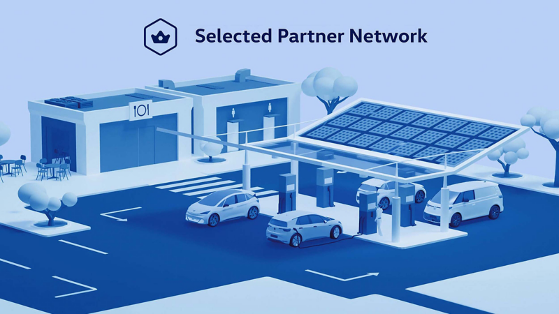 Graphic showing a set of VW vehicles parked at a charging station.