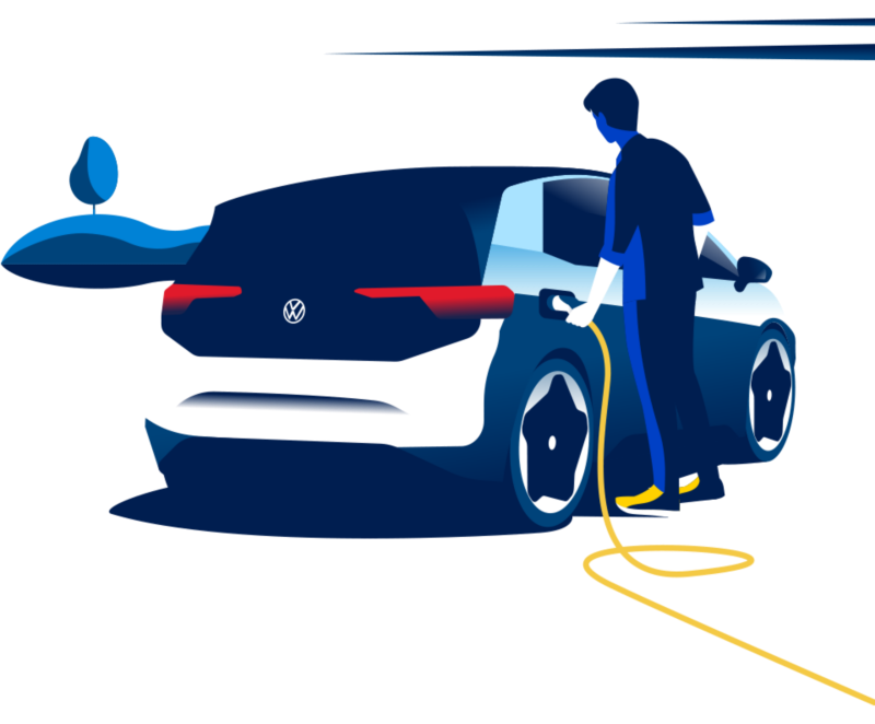 Illustration of a man plugging in his ID.3 to charge