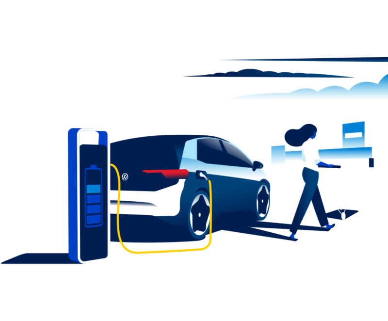 Illustration of an ID.3 at a charging station in a retail carpark.