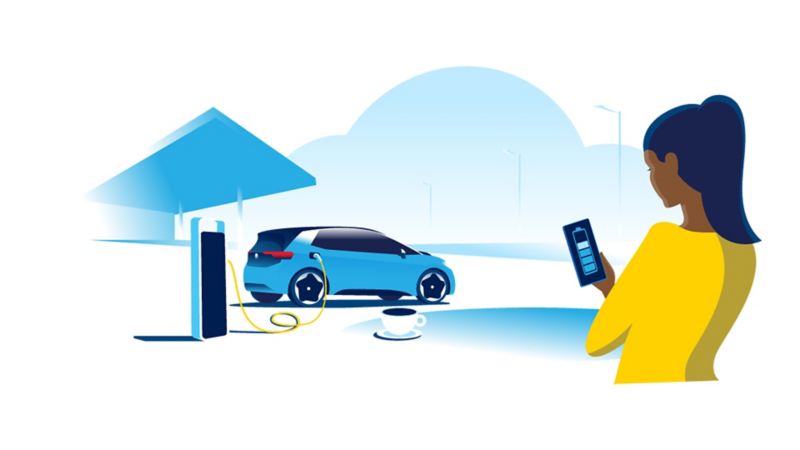 Illustration of a woman checking her Volkswagen app whilst her vehicle is charging