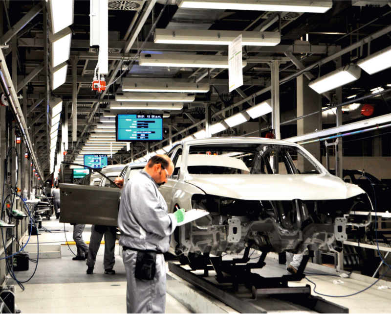 Workers assembling a VW vehicle in the Chattanooga plant.