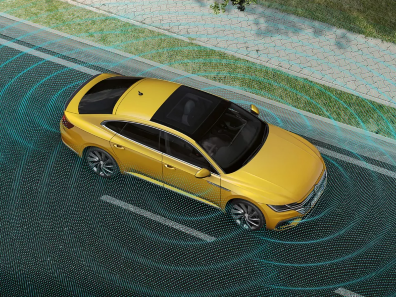 Illustration showing sensors activated around a VW Arteon