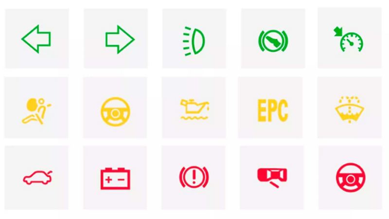 Símbolos indicadores del tablero en autos y SUVs Volkswagen. Luz verde, luz amarilla y luz roja.