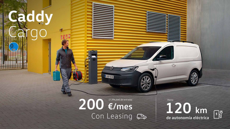 Foto lateral de una Caddy Cargo eHybrid blanca con promoción Leasing