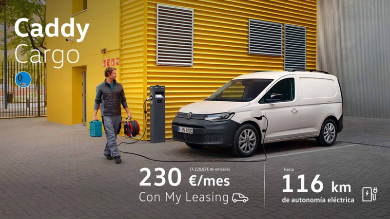 Foto lateral de una Caddy Cargo eHybrid blanca con promoción