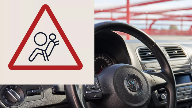 Detalle del volante de una furgo Volkswagen y el icono de airbag