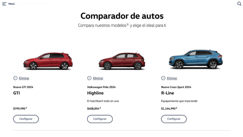 Comparador de autos de Volkswagen con modelos GTI, VW Polo y Cross Sport.