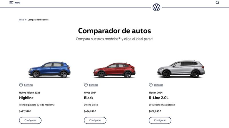 Detalle del comparador de autos Volkswagen con tres modelos de SUV.