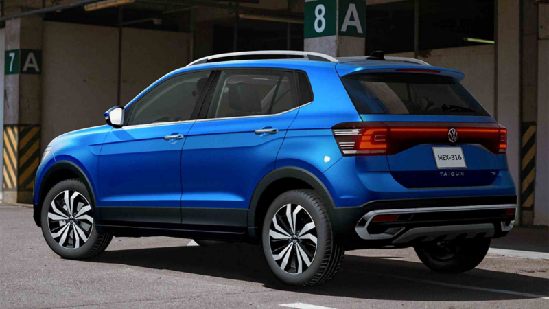 Cajuela y faros traseros de Nuevo Taigun 2023, en color azul.