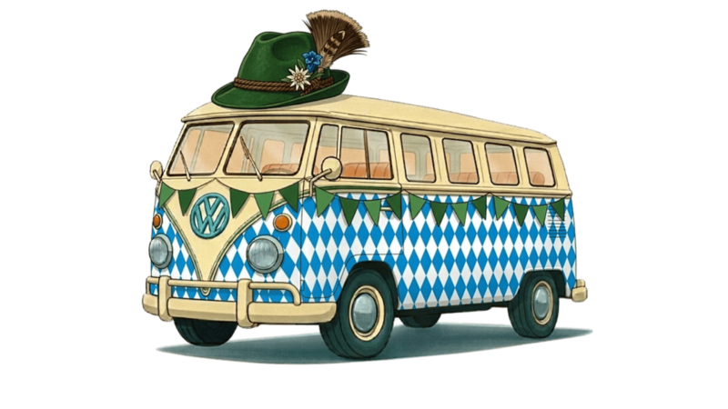 Un dibujo de una furgoneta clásica de Volkswagen disfrazada de St. Patrick