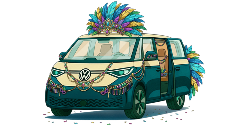 Un dibujo de una furgoneta clásica de Volkswagen disfrazada de los Carnavales de Río de Janeiro