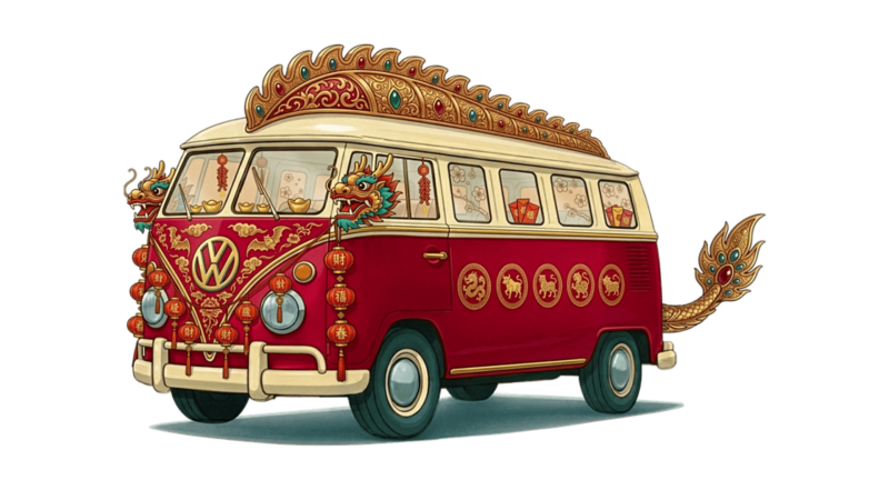 Un dibujo de una furgoneta clásica de Volkswagen disfrazada del Holi de la India