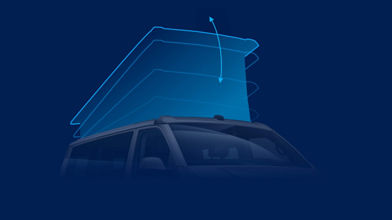 An illustration of the retractable roof tent of the VW California 6.1.