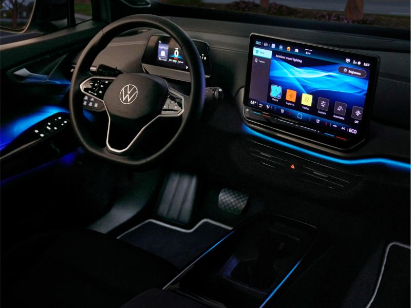 Interior of VW showing connectivity software on infotainment system.